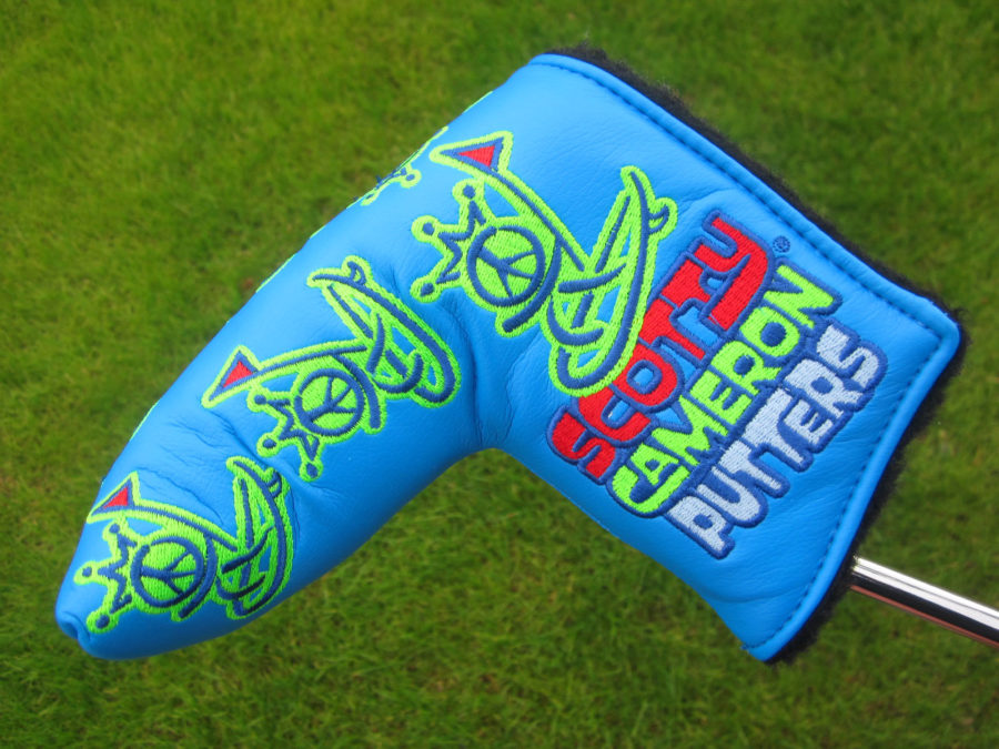 scotty cameron encinitas gallery limited release blue and lime green peace surfer blade putter headcover