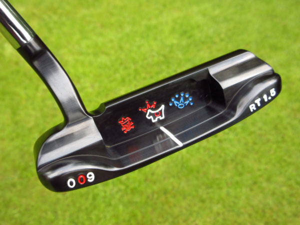 scotty cameron tour only brushed black roll top 009 1.5 circle t prototype putter with jester skull and crowned scotty dog golf club