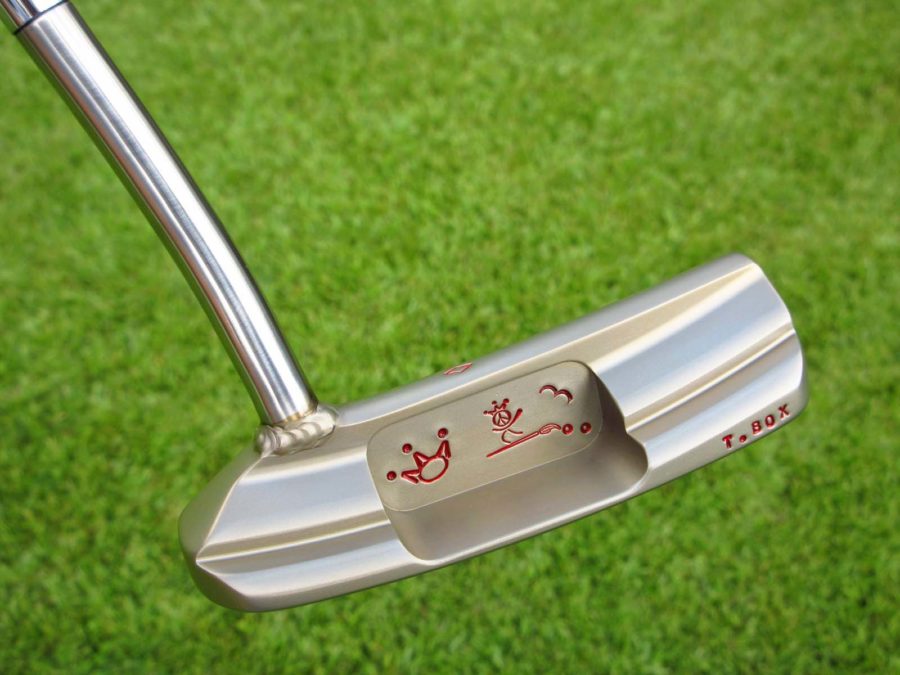 scotty cameron tour only two tone polished sss and chromatic bronze toolbox studio design prototype circle t putter with welded 1.5 round neck and peace surfer stamp golf club