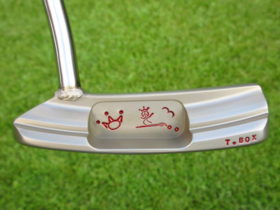 scotty cameron tour only two tone polished sss and chromatic bronze toolbox studio design prototype circle t putter with welded 1.5 round neck and peace surfer stamp golf club