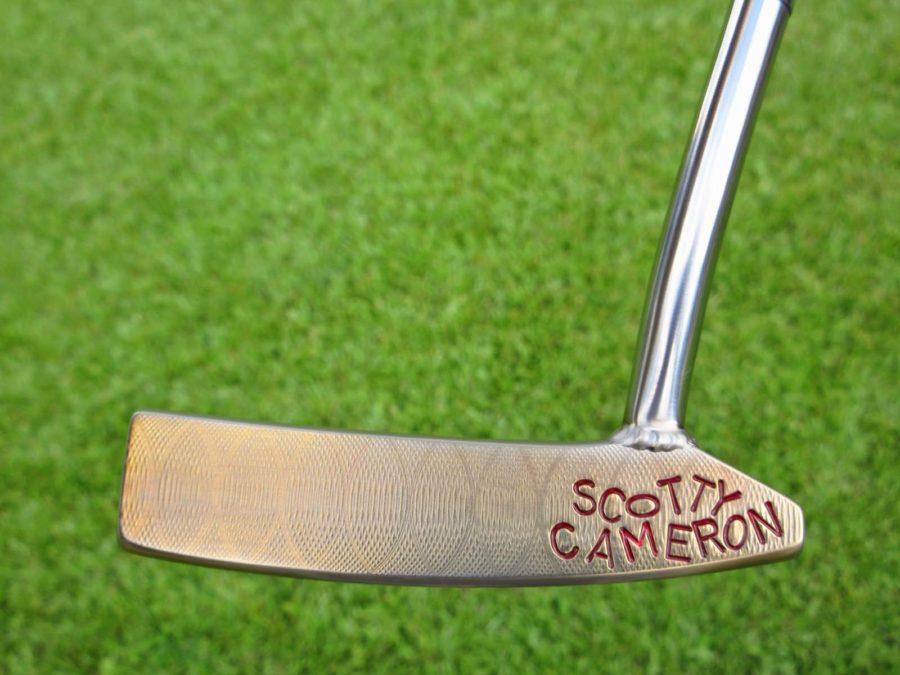 scotty cameron tour only two tone polished sss and chromatic bronze toolbox studio design prototype circle t putter with welded 1.5 round neck and peace surfer stamp golf club