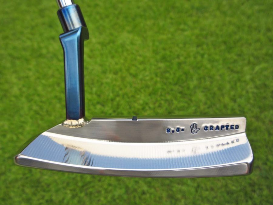 scotty cameron tour only two tone polished sss and chromatic blue craftsman squareback prototype circle t 350g bullet sole putter with welded plumber neck hideki matsuyama design