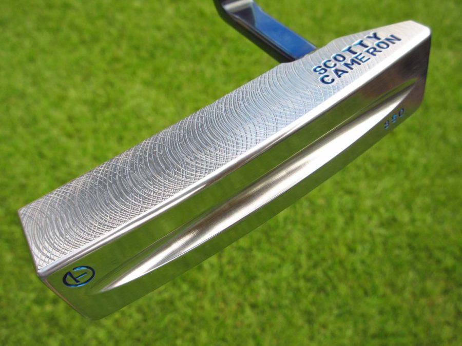 scotty cameron tour only two tone polished sss and chromatic blue craftsman squareback prototype circle t 350g bullet sole putter with welded plumber neck hideki matsuyama design