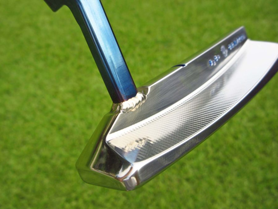 scotty cameron tour only two tone polished sss and chromatic blue craftsman squareback prototype circle t 350g bullet sole putter with welded plumber neck hideki matsuyama design