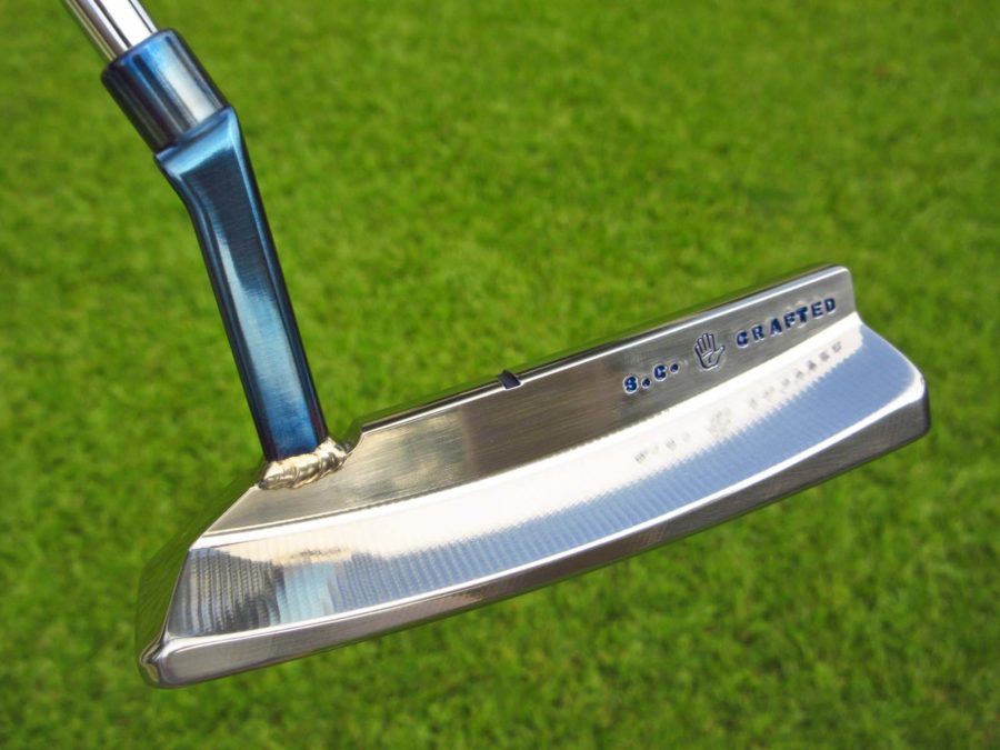 scotty cameron tour only two tone polished sss and chromatic blue craftsman squareback prototype circle t 350g bullet sole putter with welded plumber neck hideki matsuyama design