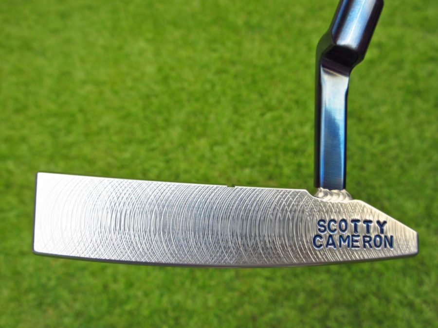 scotty cameron tour only two tone polished sss and chromatic blue craftsman squareback prototype circle t 350g bullet sole putter with welded plumber neck hideki matsuyama design