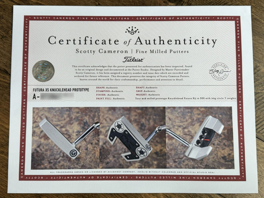 coa certificate of authenticity scotty cameron circle t putter