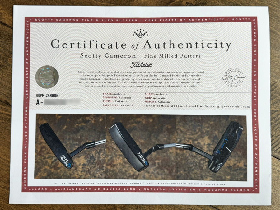 coa certificate of authenticity scotty cameron circle t putter