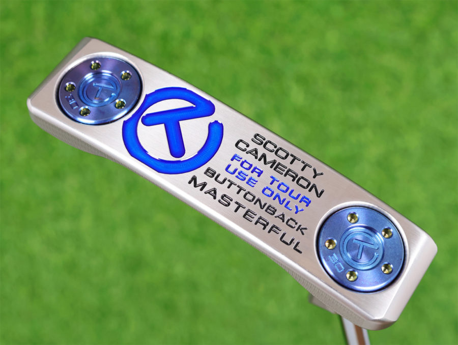 scotty cameron tour only masterful buttonback teryllium circle t 360g putter with mystic blue circle t sole weights and sight dot golf club