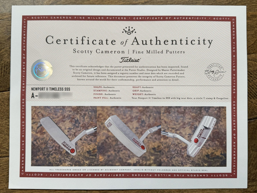 scotty cameron certificate of authenticity coa paperwork