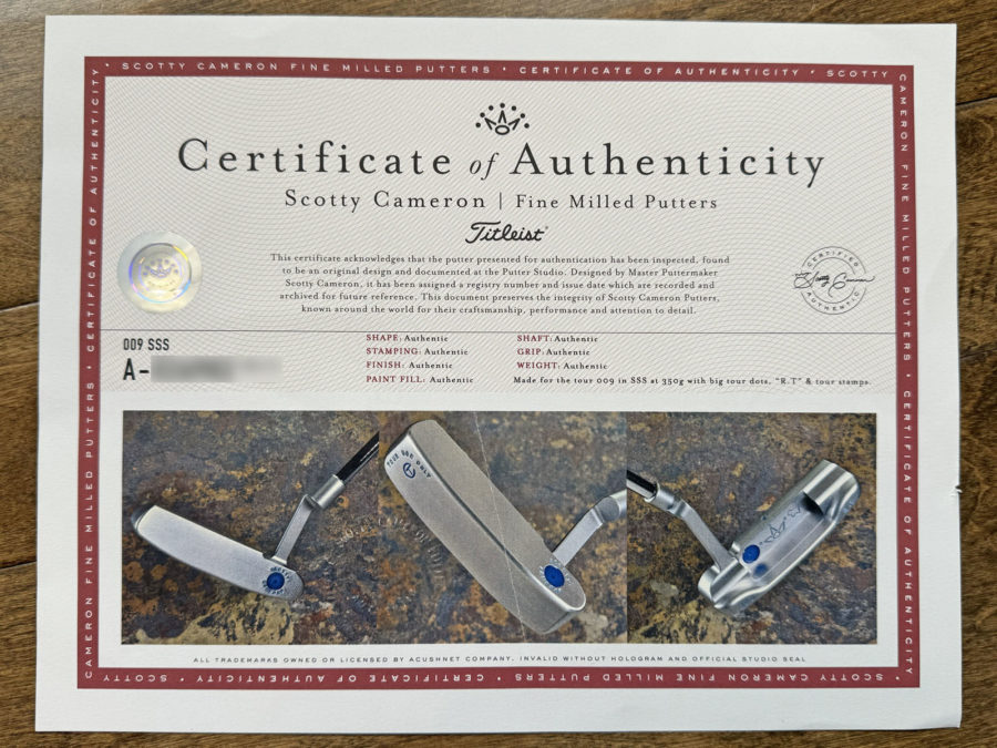 scotty cameron certificate of authenticity coa paperwork