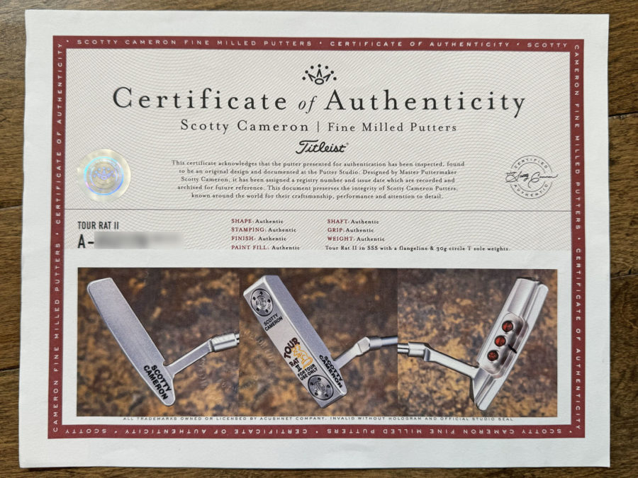 scotty cameron certificate of authenticity coa paperwork