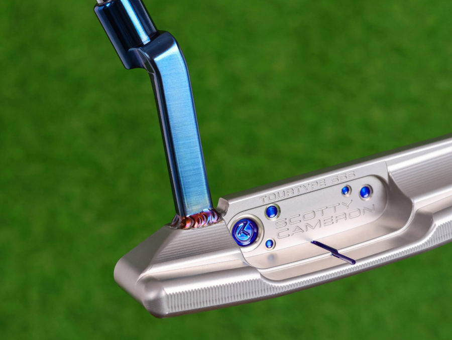 scotty cameron tour only two tone sss and chromatic blue timeless tourtype circle t 360g putter with welded plumber neck and translucent blue paint golf club