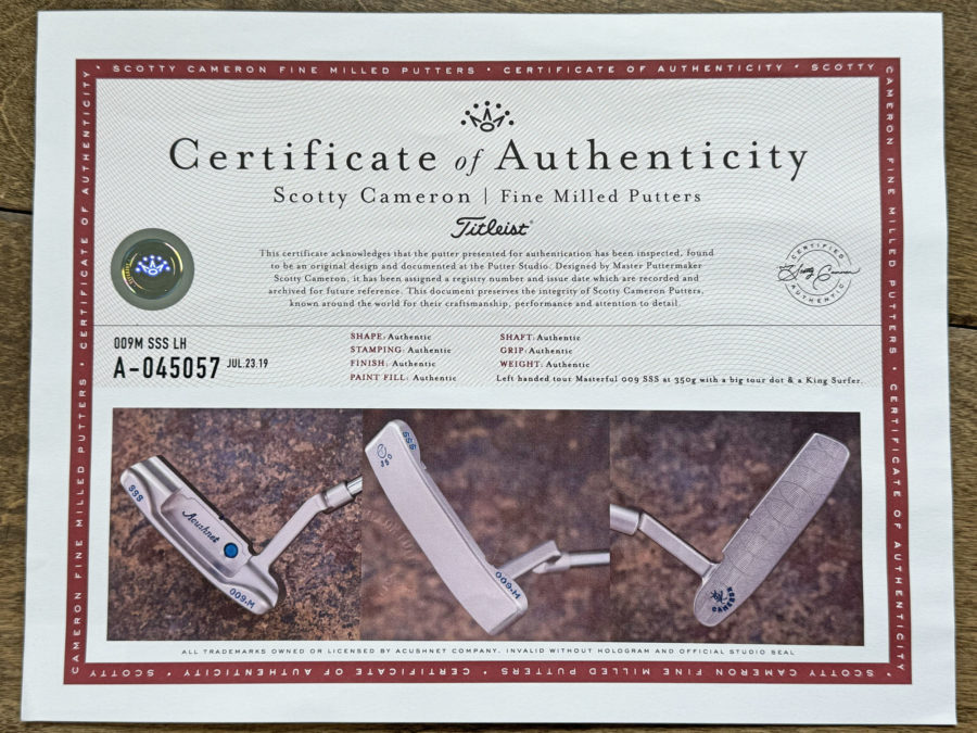 scotty cameron certificate of authenticity coa paperwork