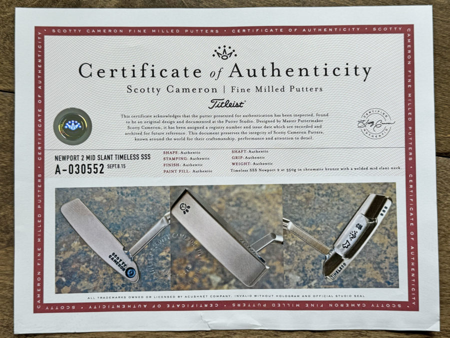 scotty cameron certificate of authenticity coa paperwork