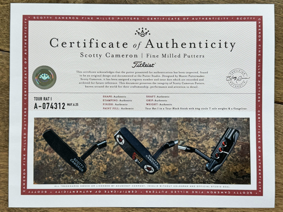 scotty cameron certificate of authenticity coa paperwork