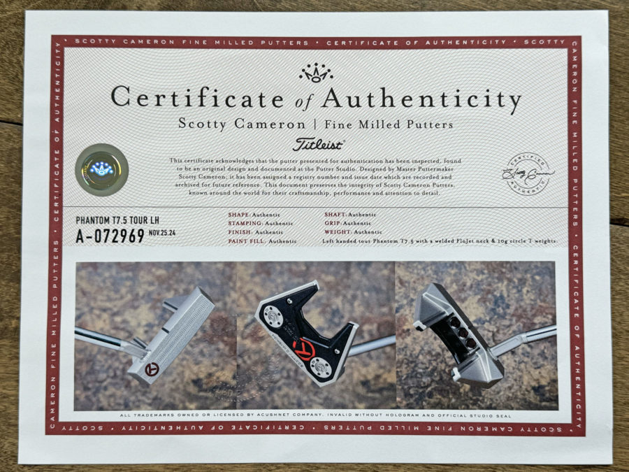 scotty cameron certificate of authenticity coa paperwork