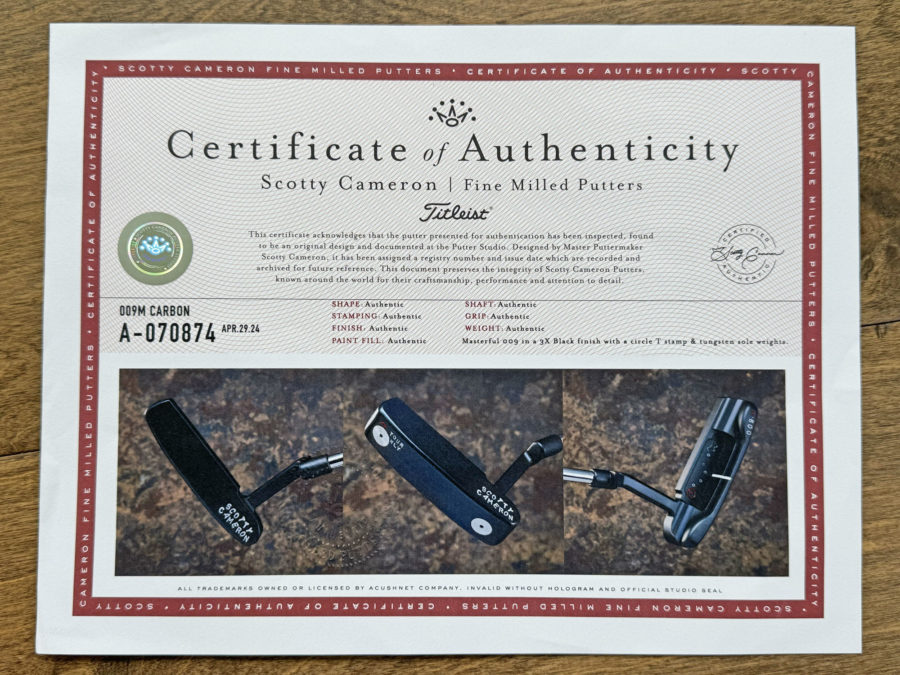 scotty cameron certificate of authenticity coa paperwork
