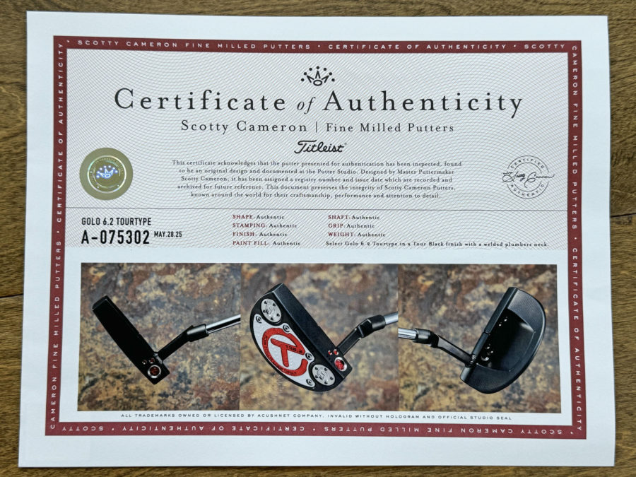 scotty cameron certificate of authenticity coa paperwork for circle t putter