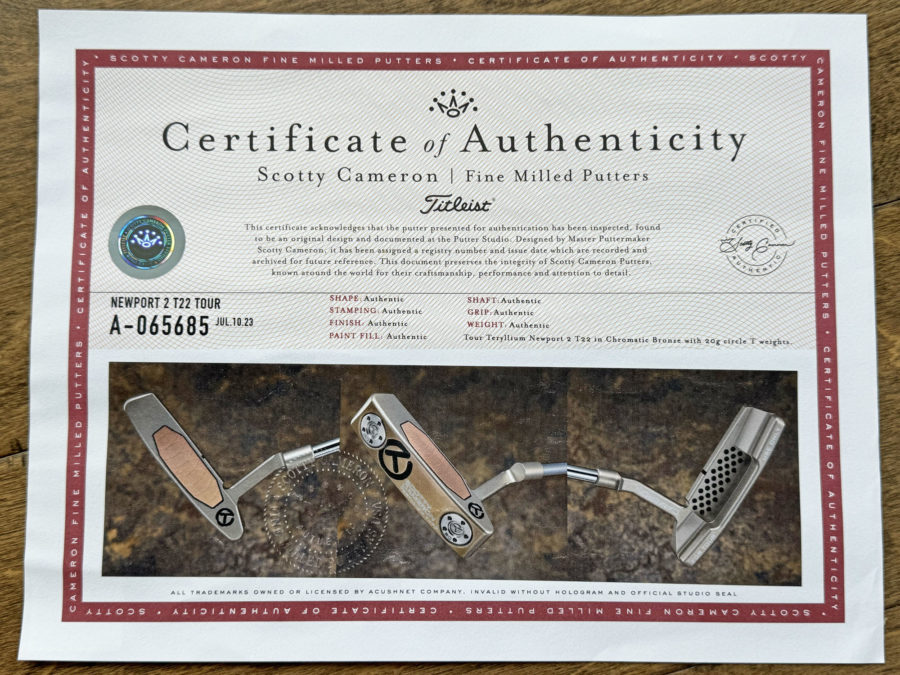 scotty cameron certificate of authenticity coa paperwork