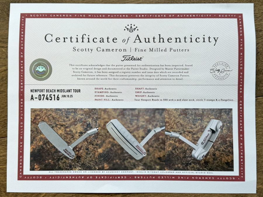 scotty cameron certificate of authenticity coa paperwork