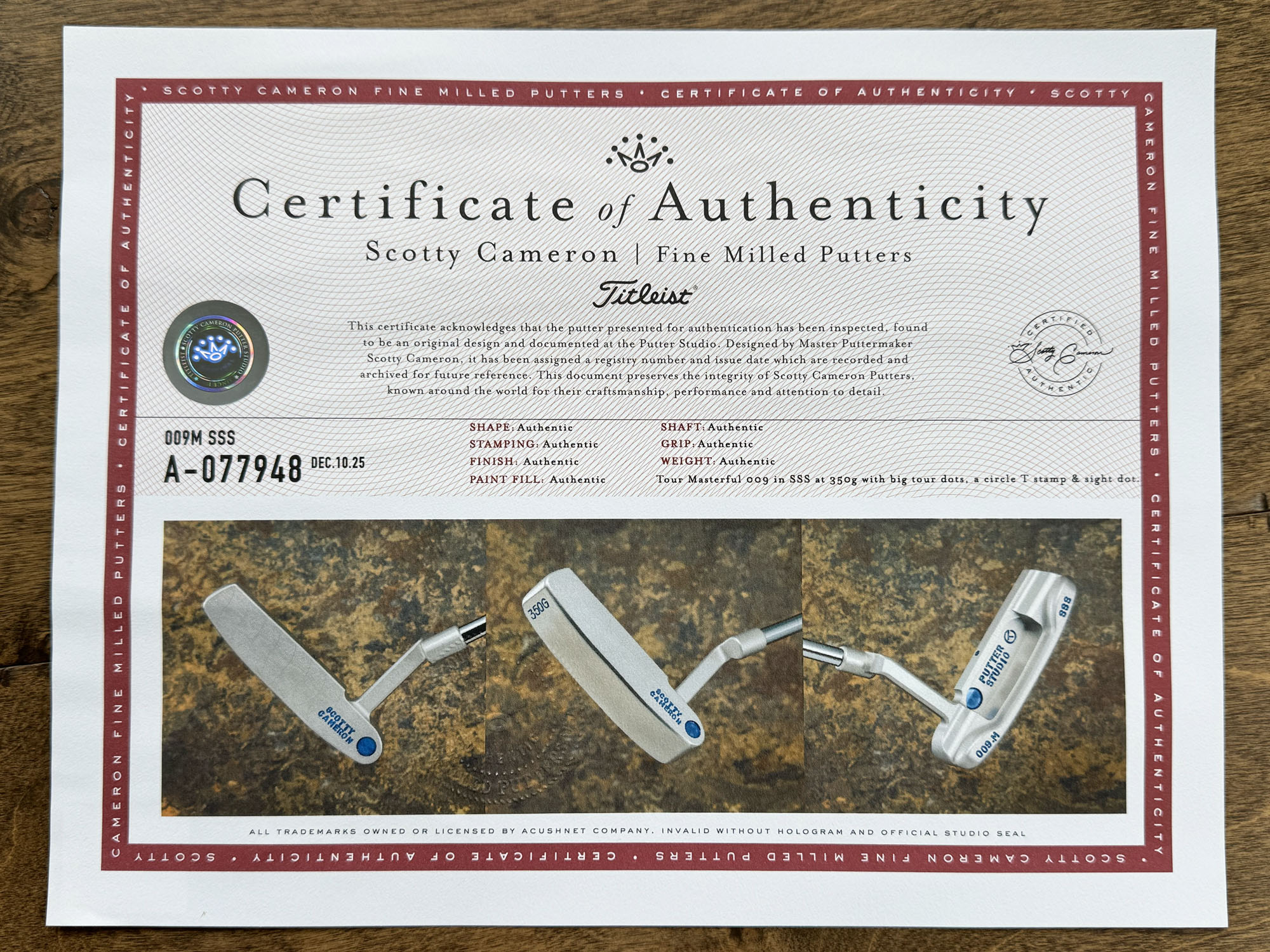 scotty cameron certificate of authenticity coa paperwork for circle t putter golf club