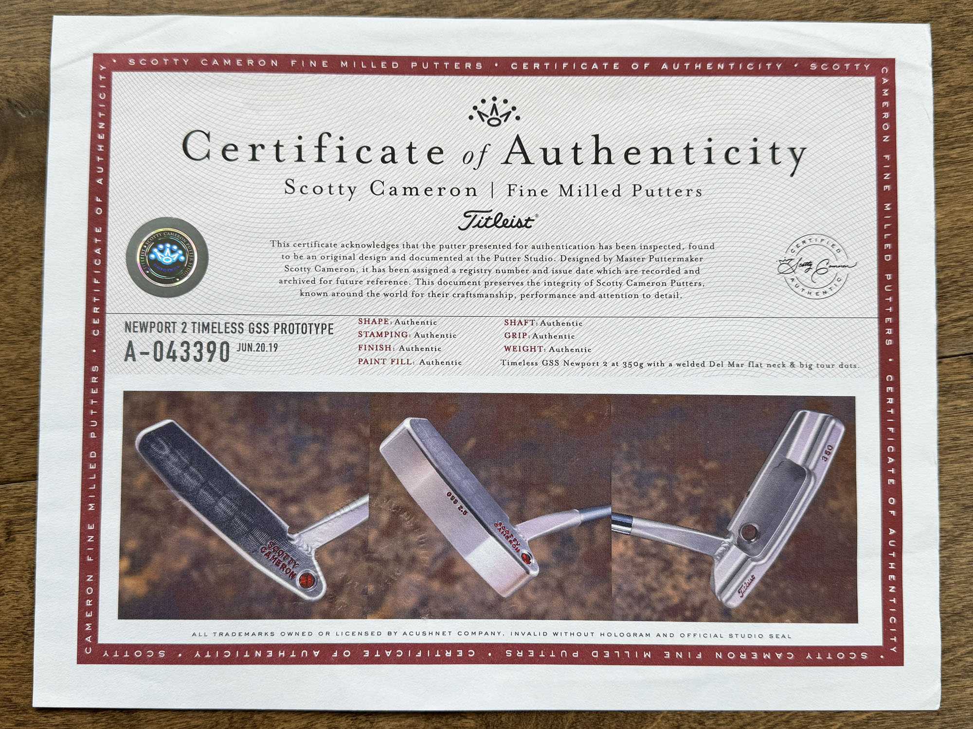 scotty cameron certificate of authenticity coa paperwork for circle t putter golf club