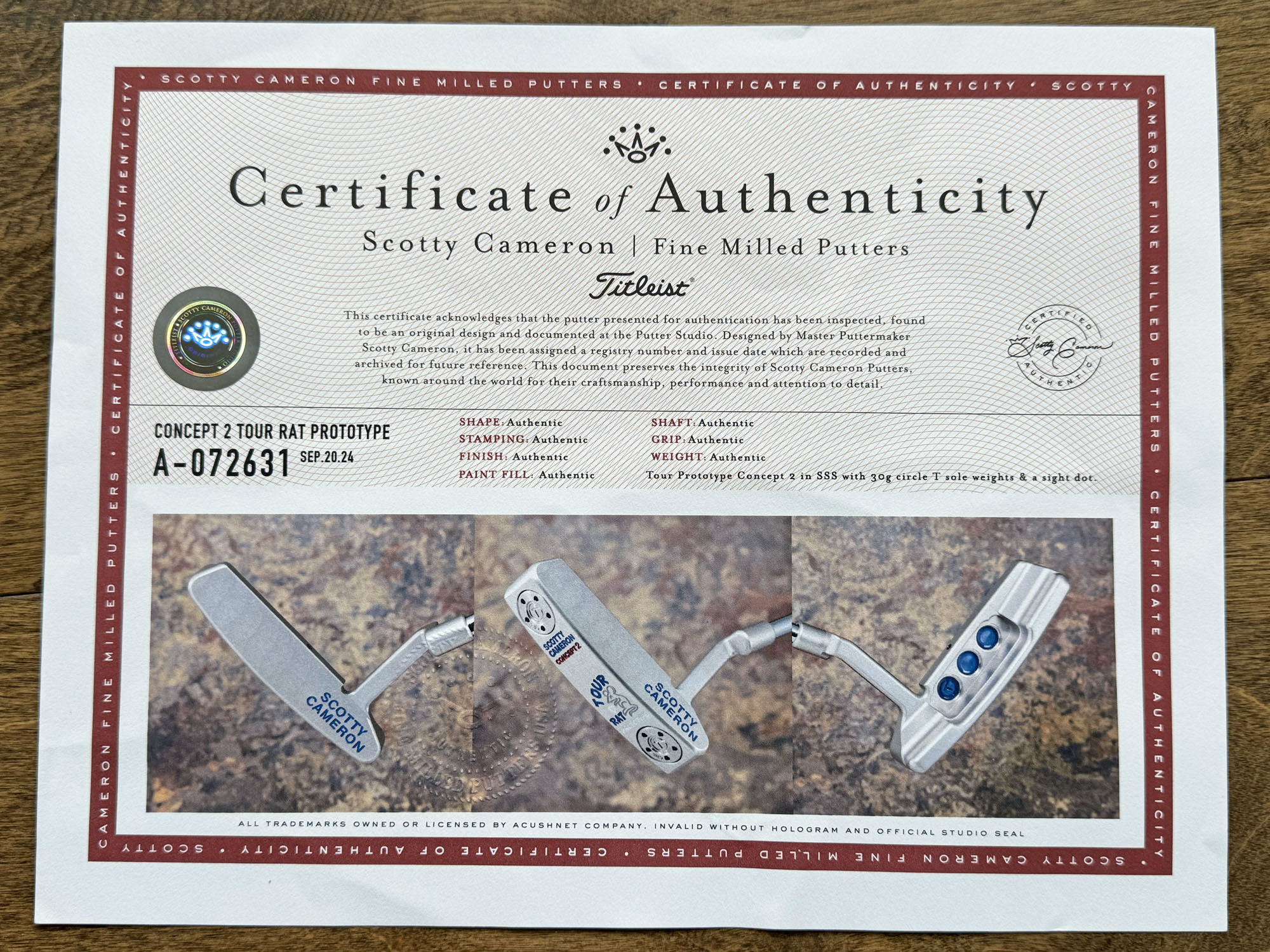 scotty cameron certificate of authenticity coa paperwork for circle t putter golf club