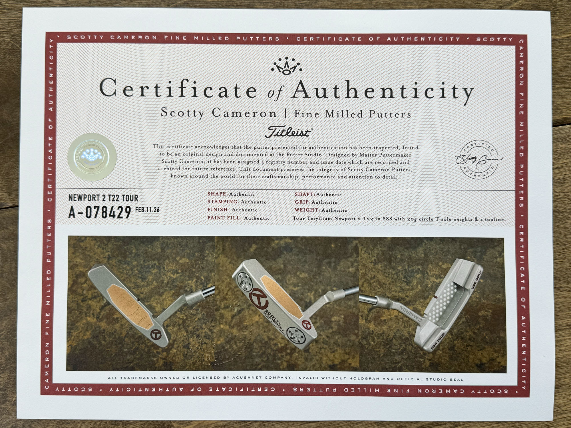 scotty cameron certificate of authenticity coa paperwork for circle t putter golf club