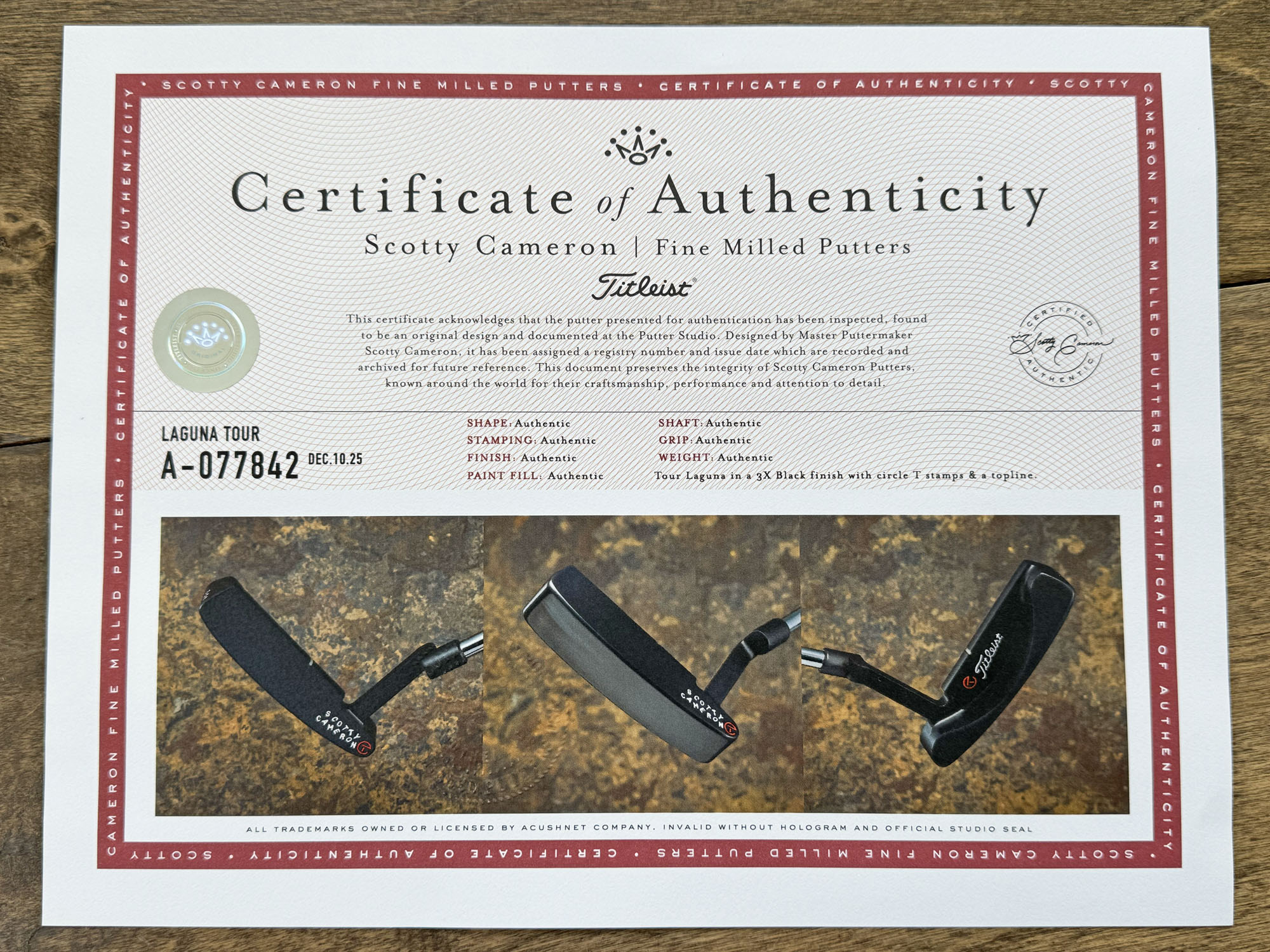 scotty cameron certificate of authenticity coa paperwork for circle t putter golf club