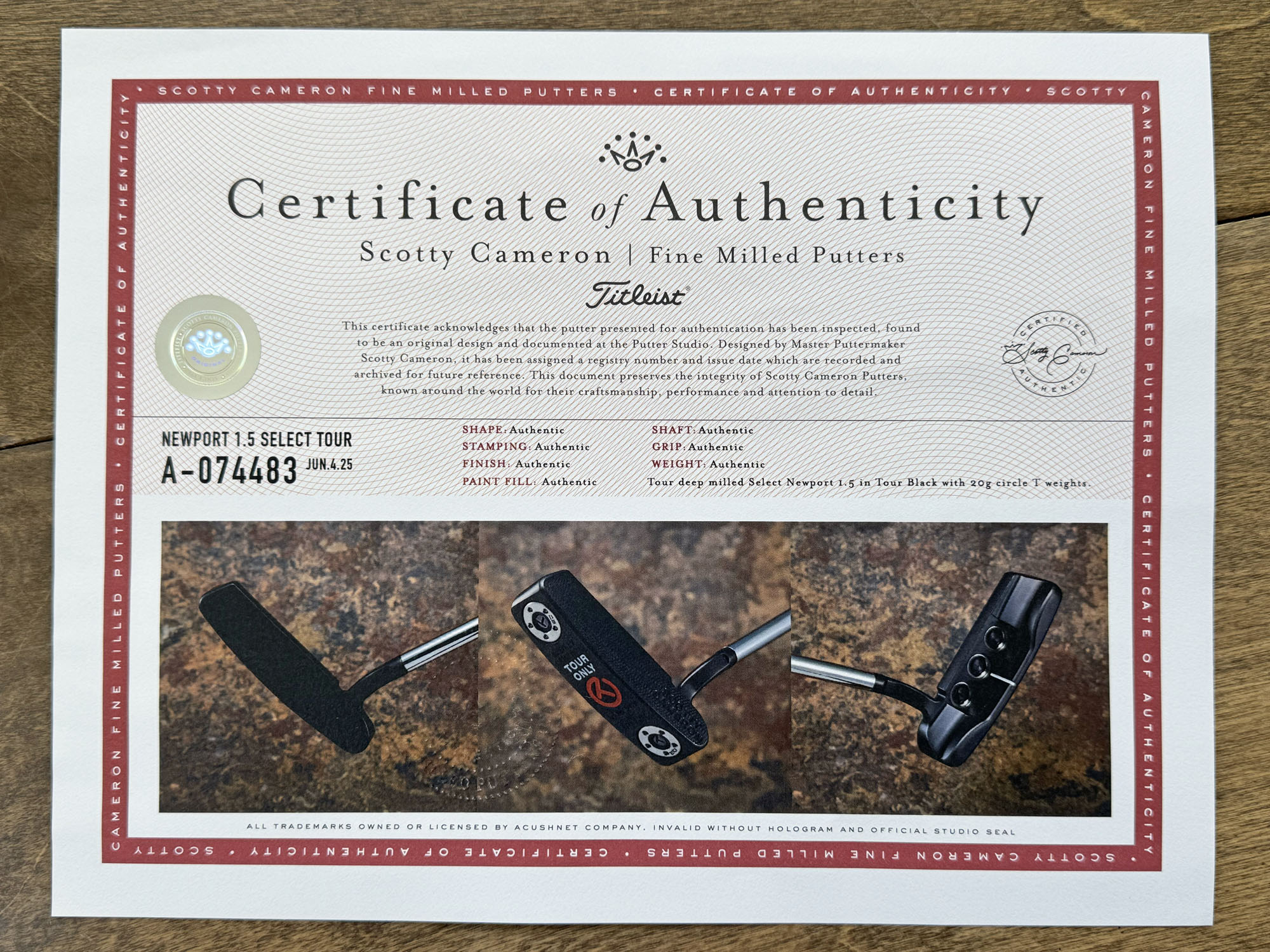 scotty cameron certificate of authenticity coa paperwork for circle t putter golf club