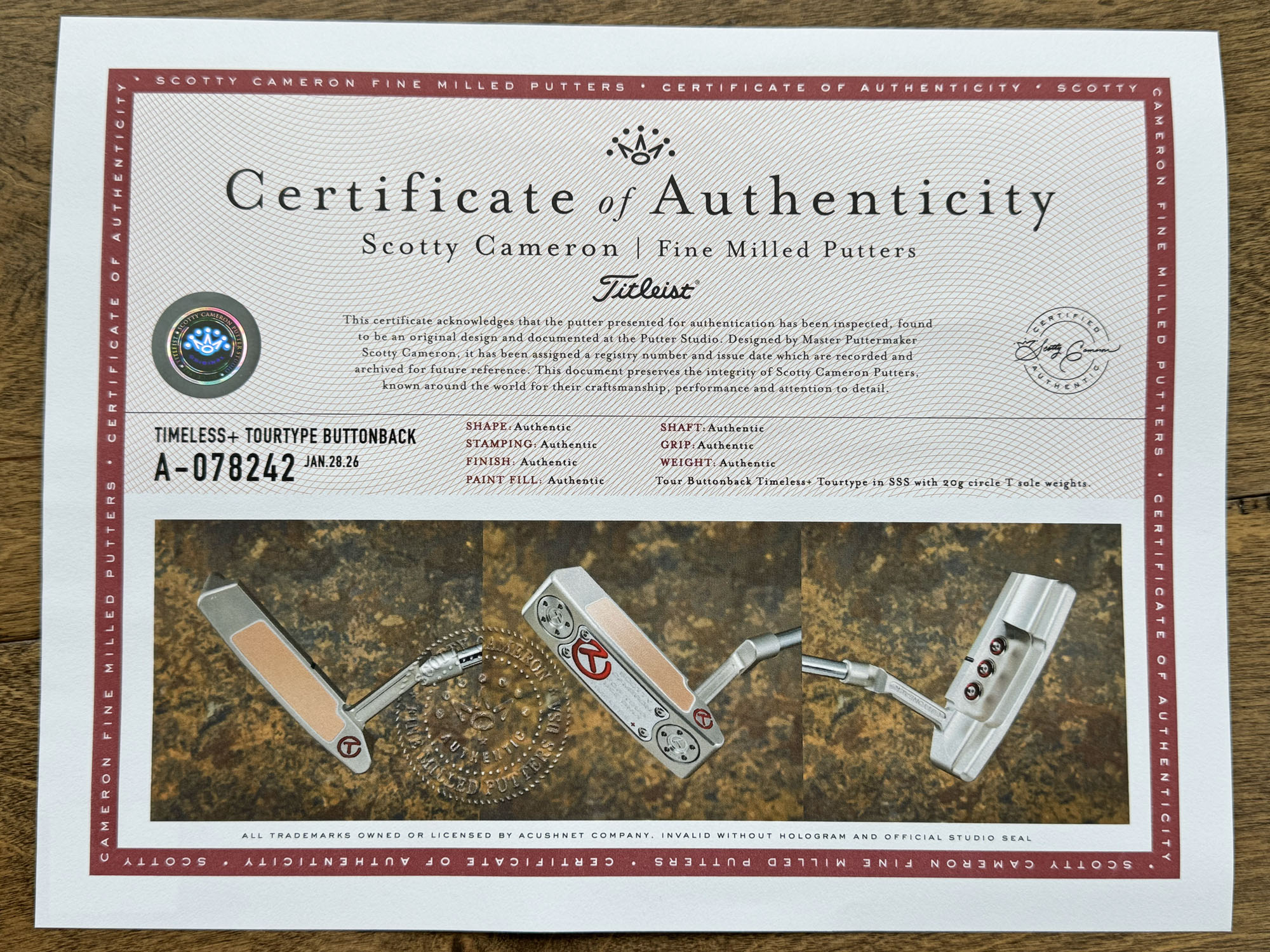 scotty cameron certificate of authenticity coa paperwork for circle t putter golf club