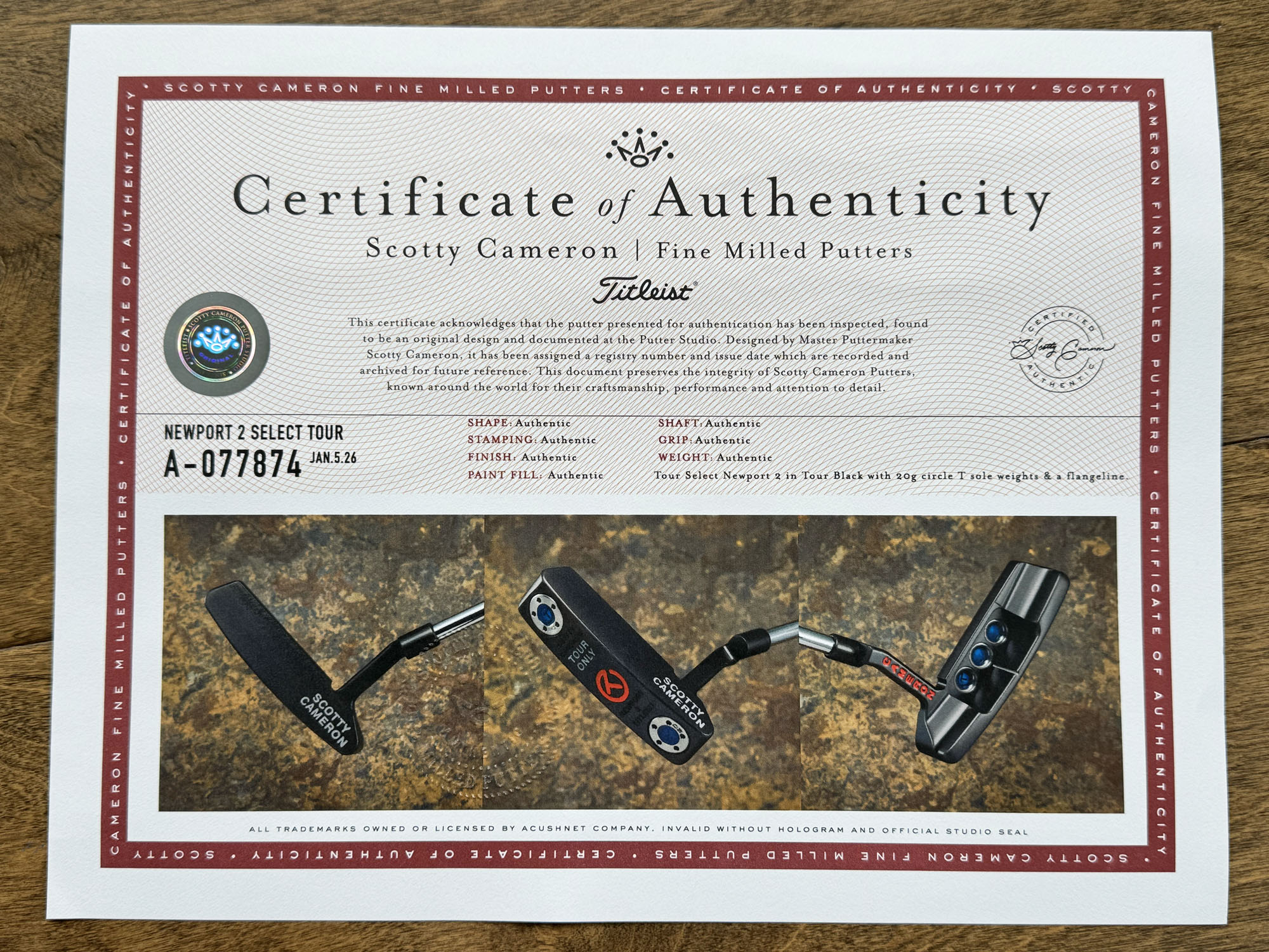 scotty cameron certificate of authenticity coa paperwork for circle t putter golf club