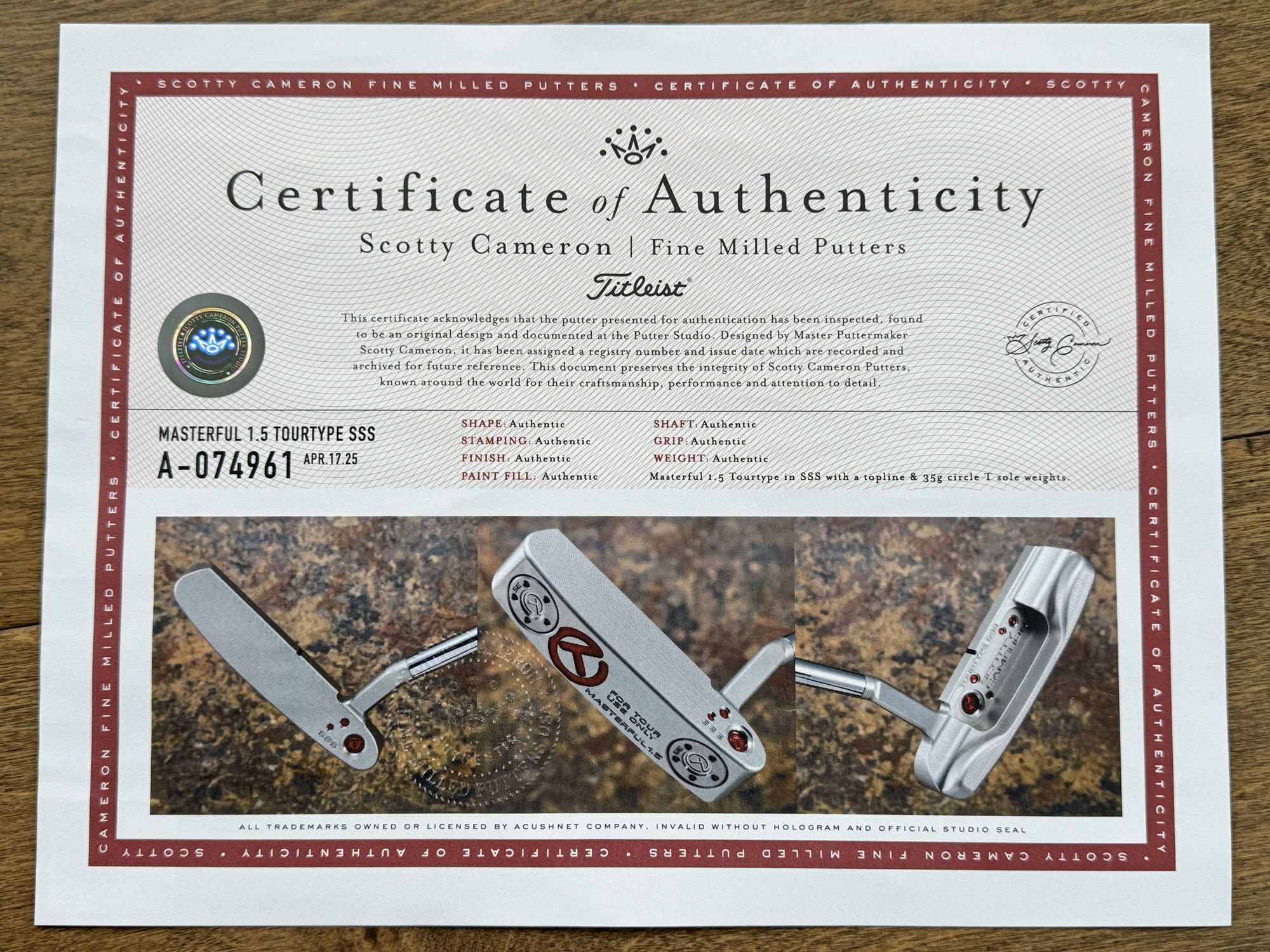 scotty cameron certificate of authenticity coa paperwork for circle t putter golf club