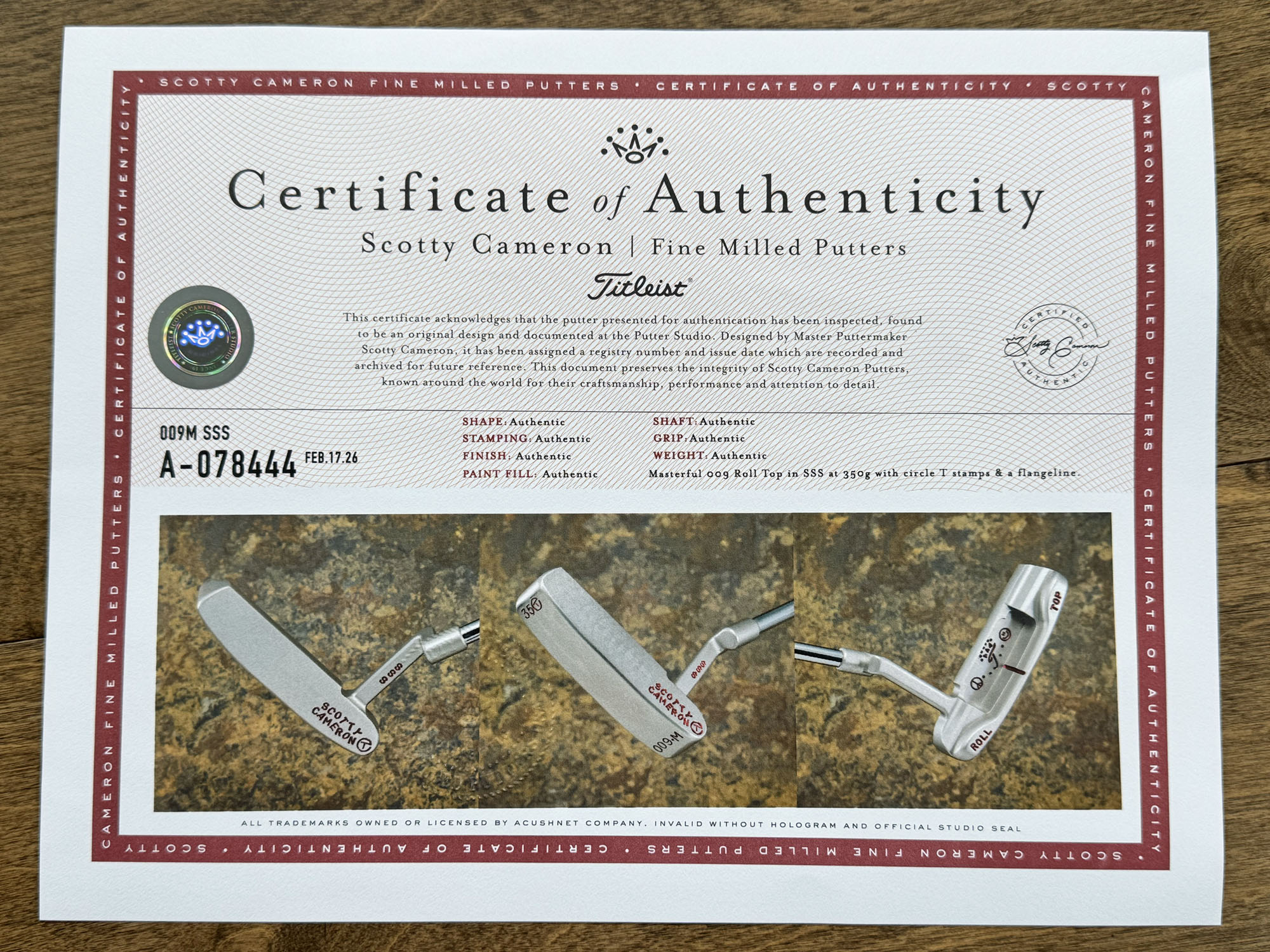 scotty cameron certificate of authenticity coa paperwork for circle t putter golf club