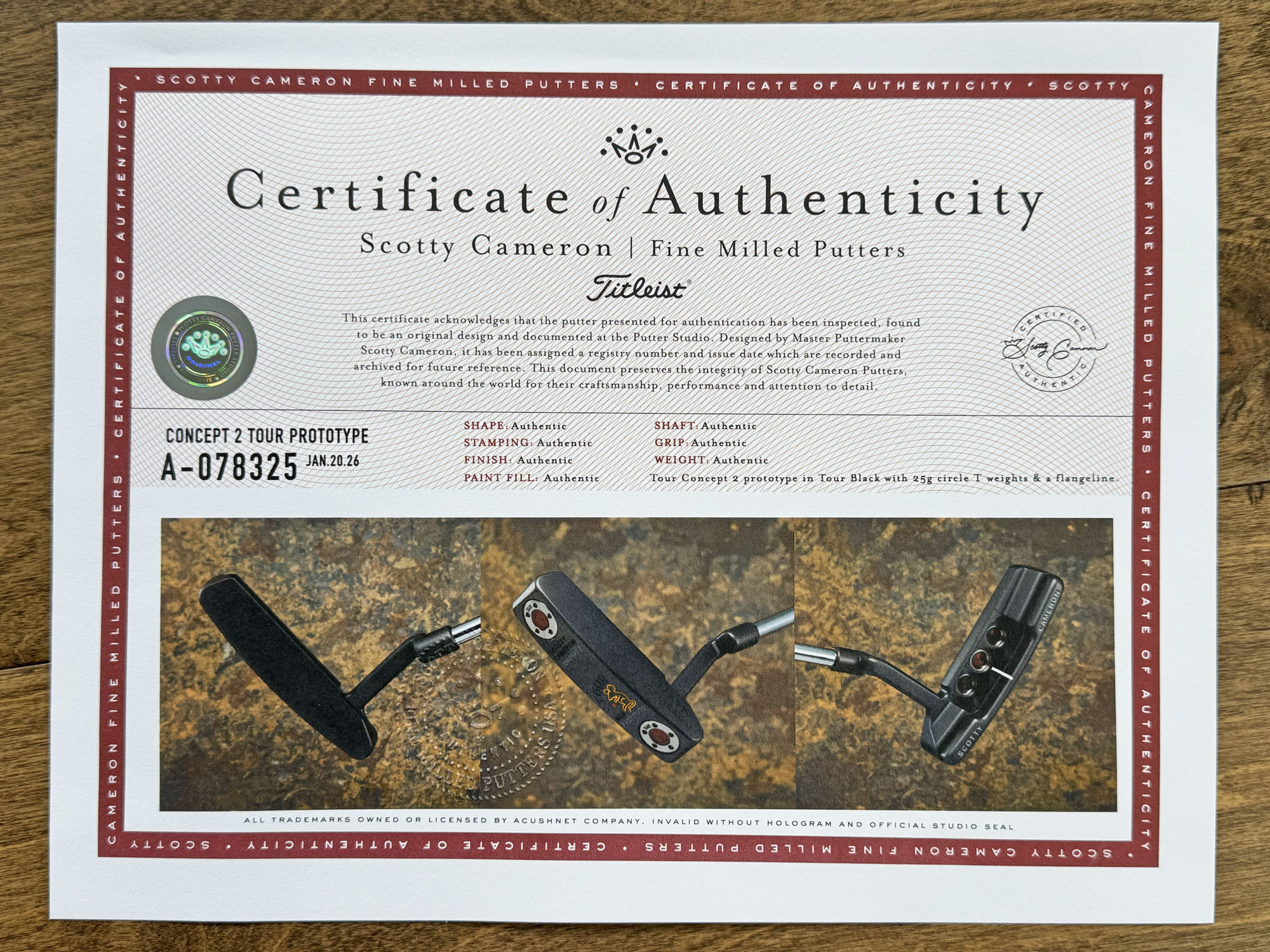 scotty cameron certificate of authenticity coa paperwork for circle t putter golf club