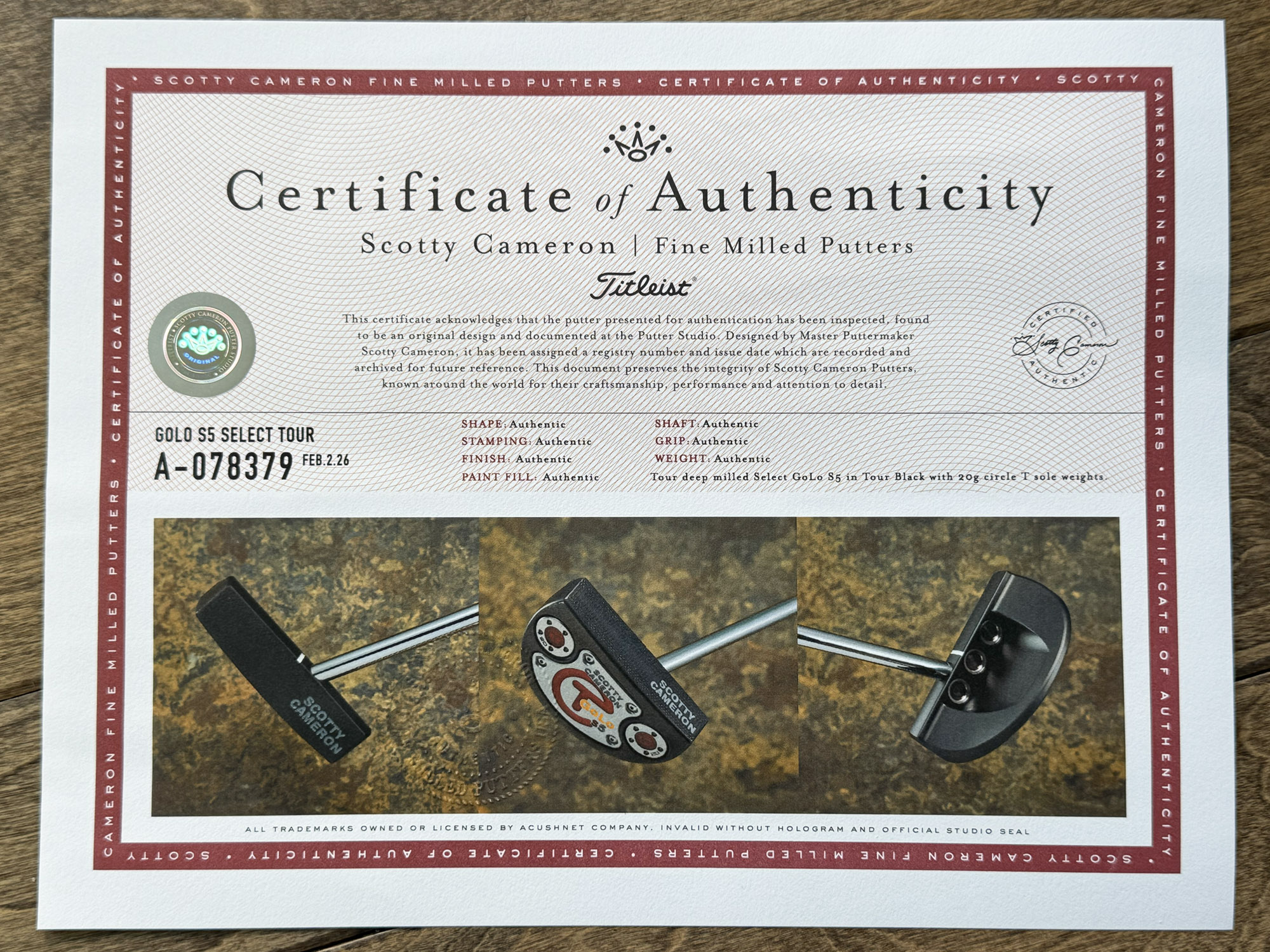 scotty cameron certificate of authenticity coa paperwork for circle t putter golf club
