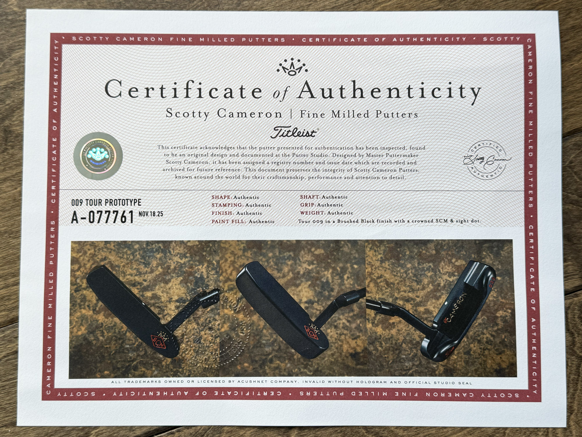 scotty cameron certificate of authenticity coa paperwork for circle t putter golf club