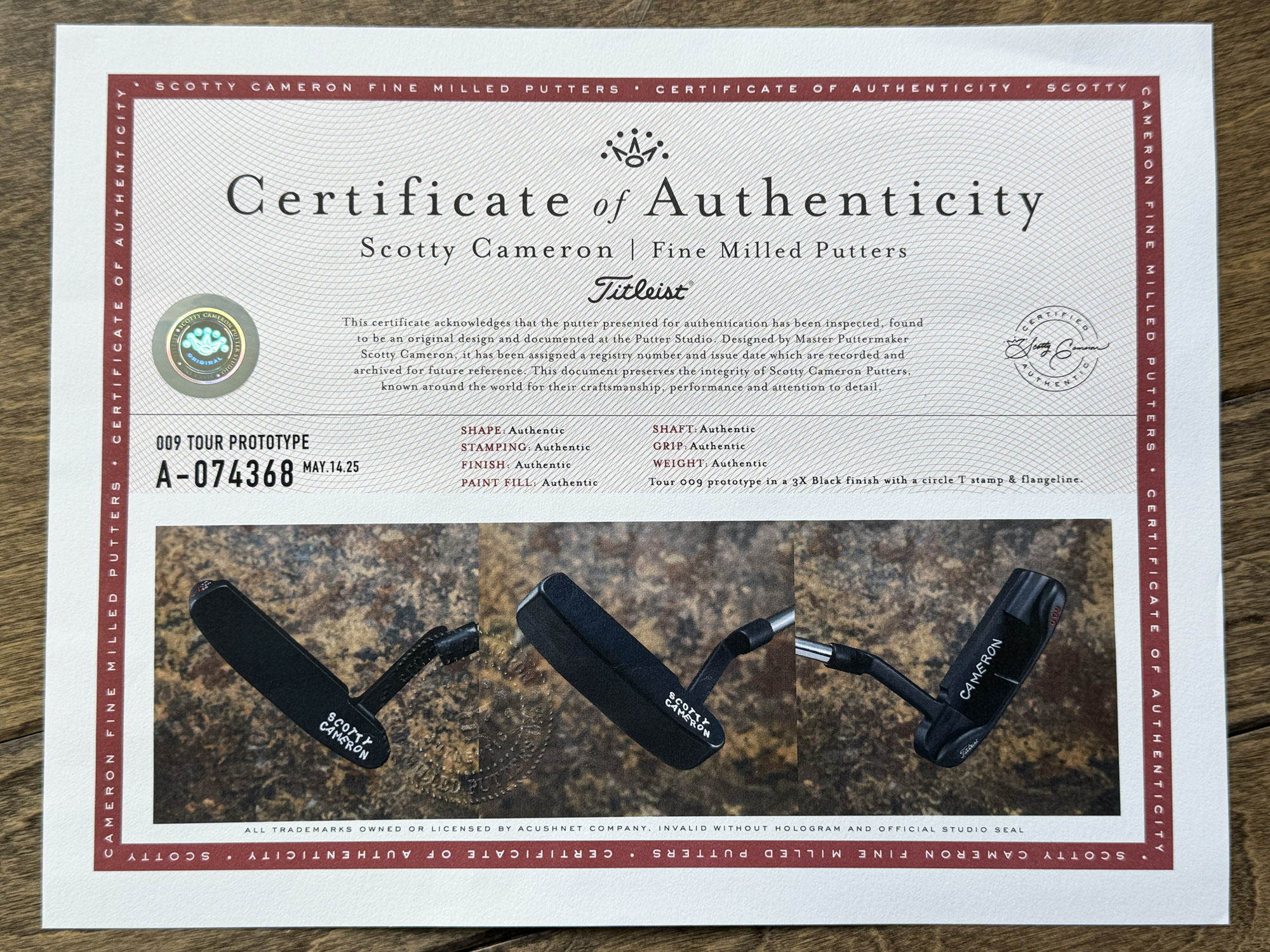 scotty cameron certificate of authenticity coa paperwork for circle t putter golf club