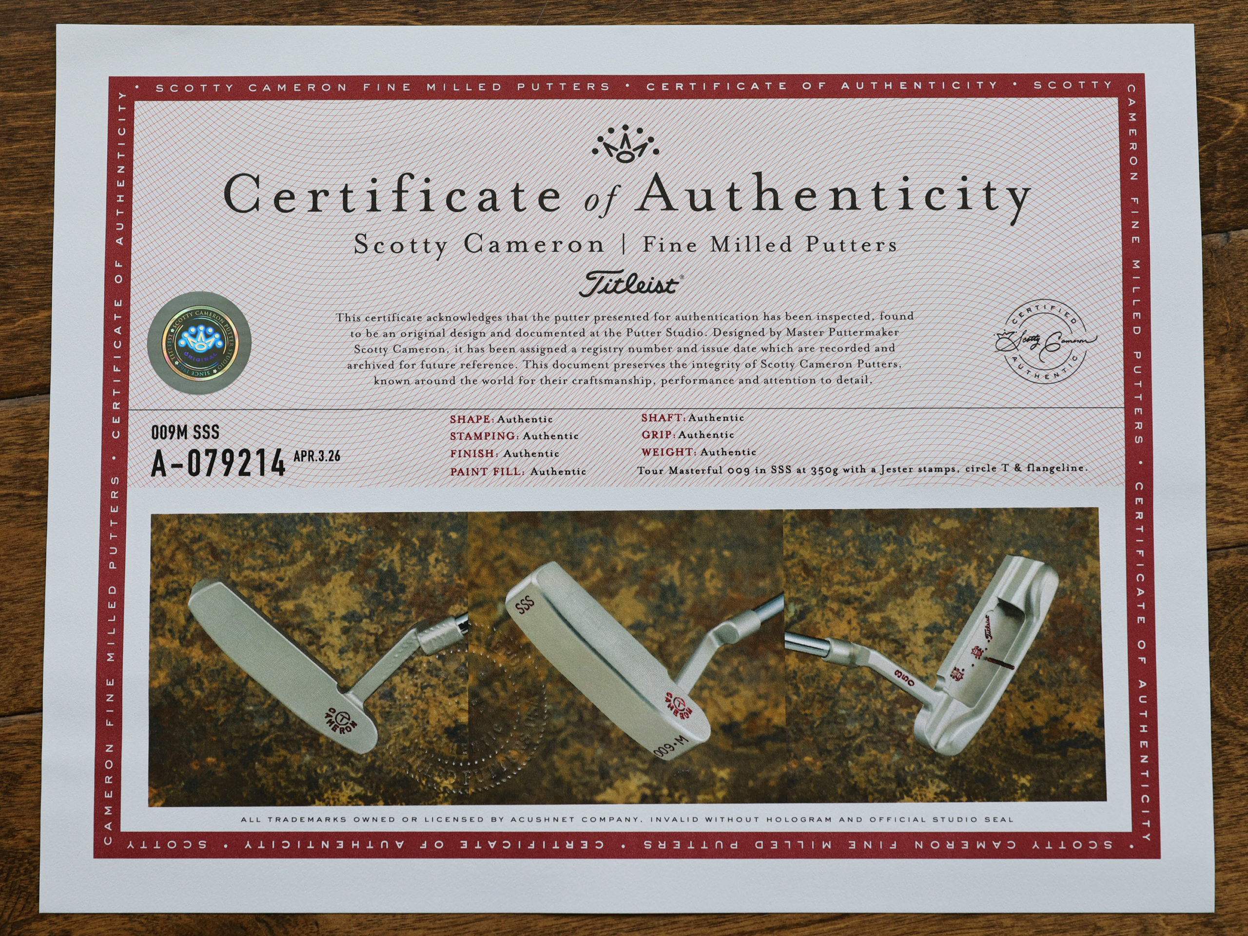 scotty cameron certificate of authenticity coa paperwork for circle t putter golf club