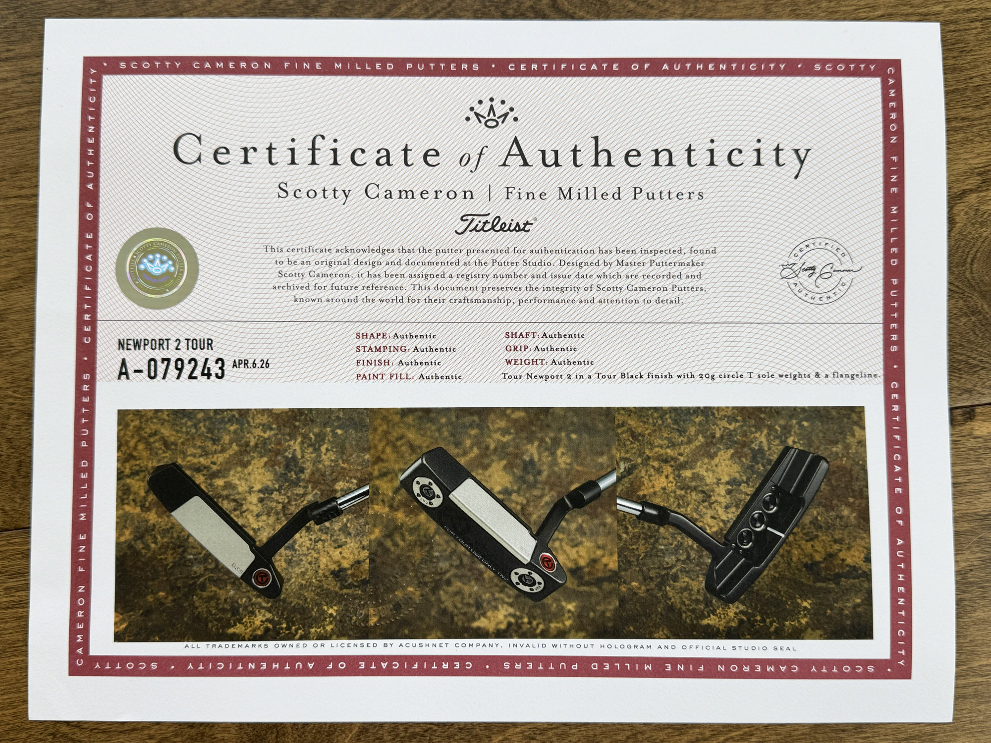 scotty cameron certificate of authenticity coa paperwork for circle t putter golf club