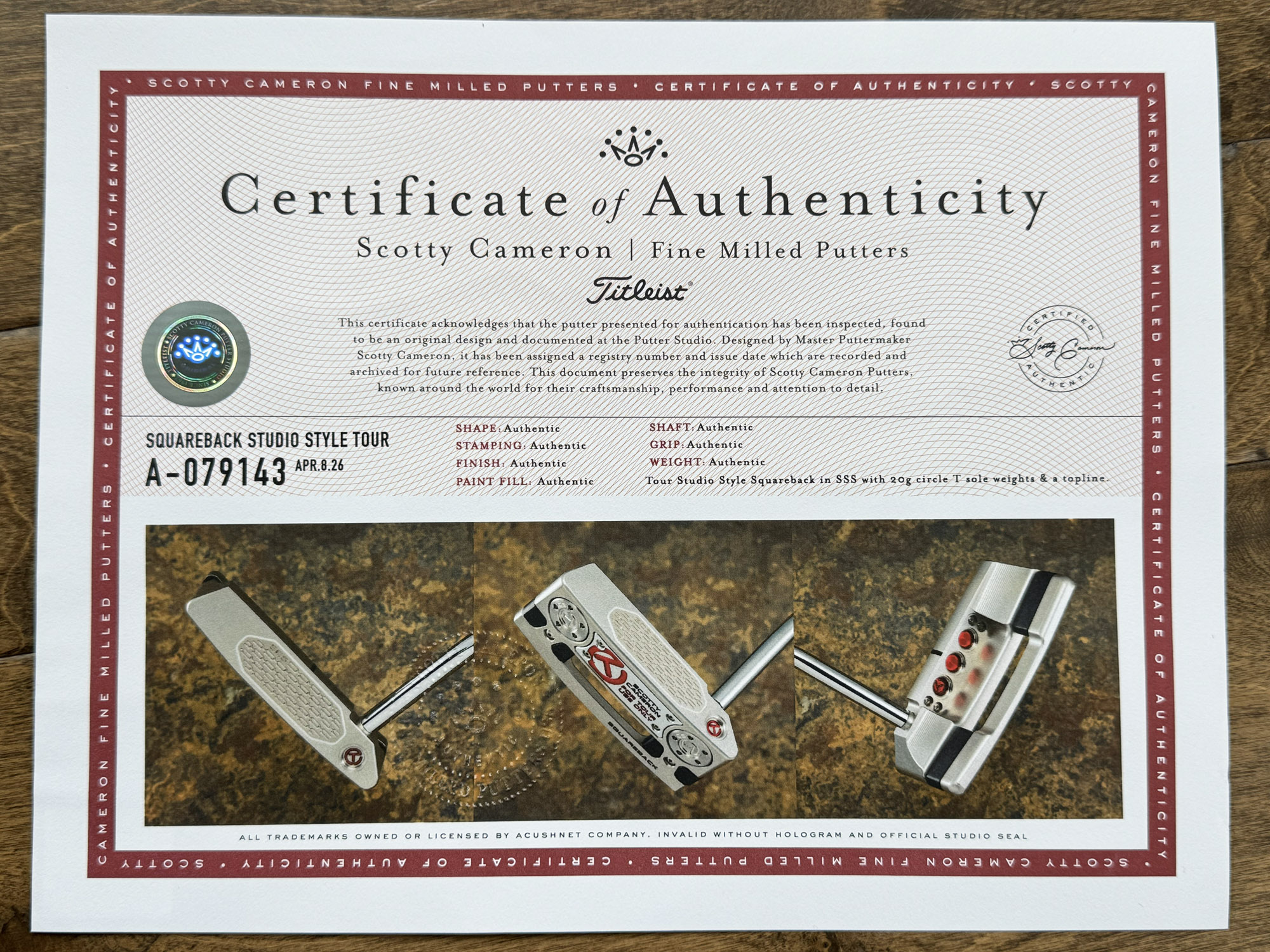 scotty cameron certificate of authenticity coa paperwork for circle t putter golf club