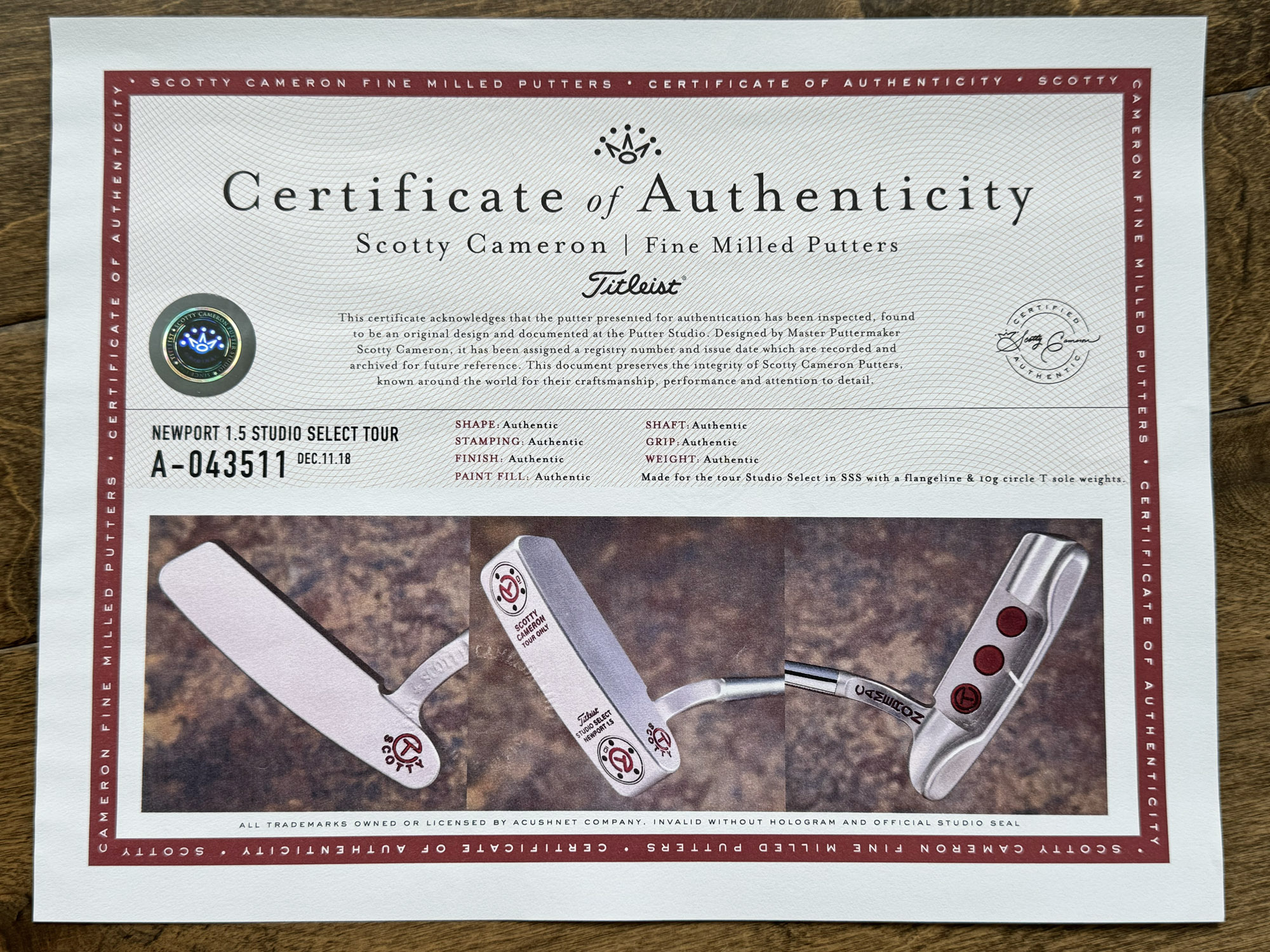 scotty cameron certificate of authenticity coa paperwork for circle t putter golf club