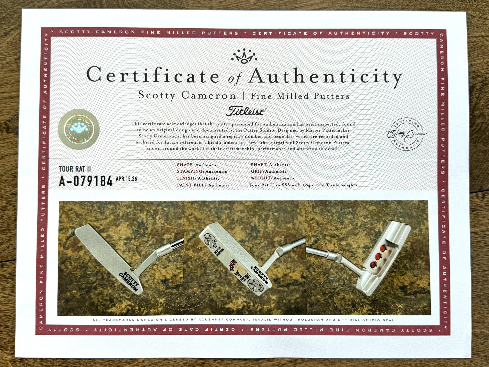 scotty cameron certificate of authenticity coa paperwork for circle t putter golf club