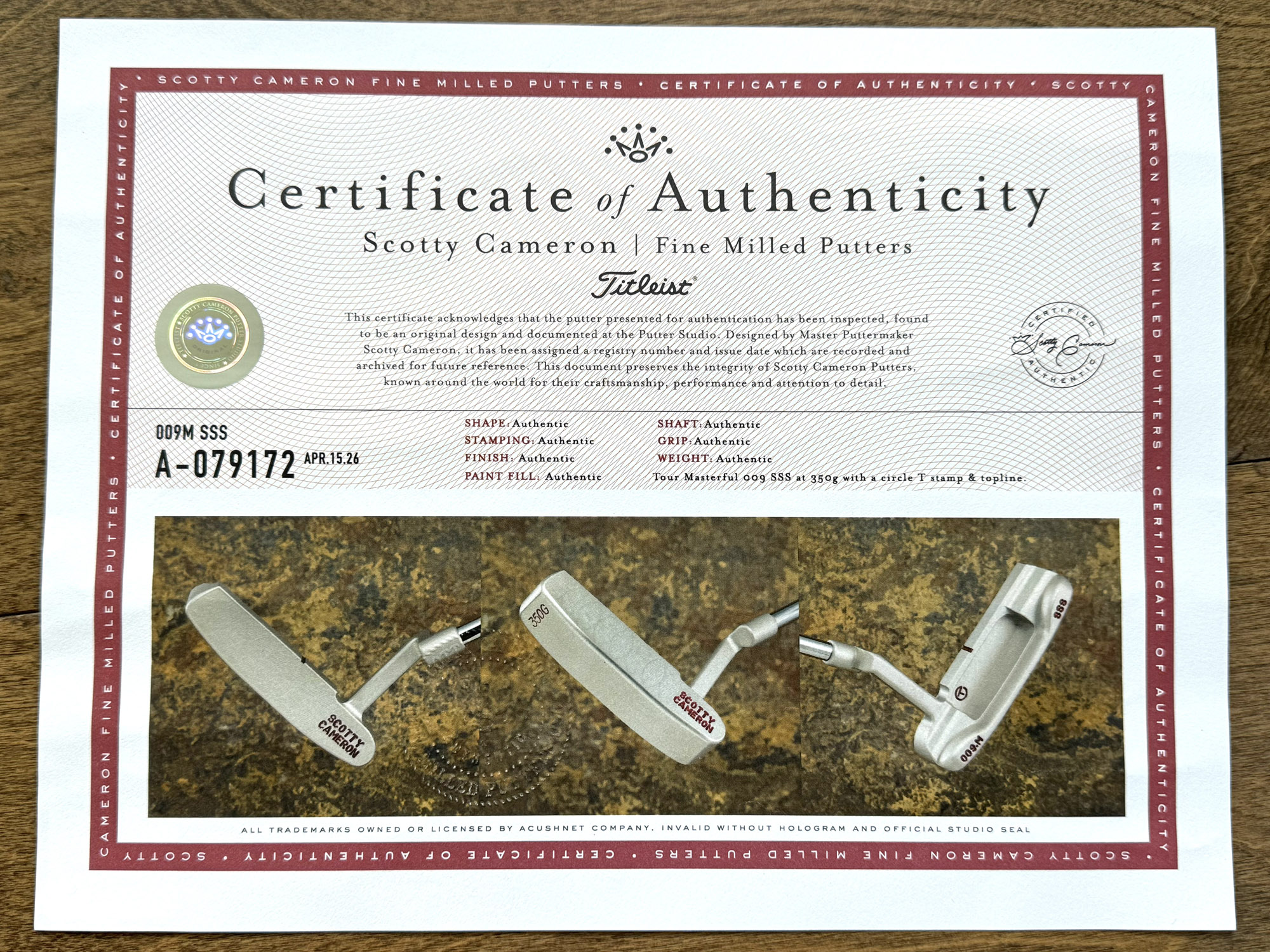 scotty cameron certificate of authenticity coa paperwork for circle t putter golf club