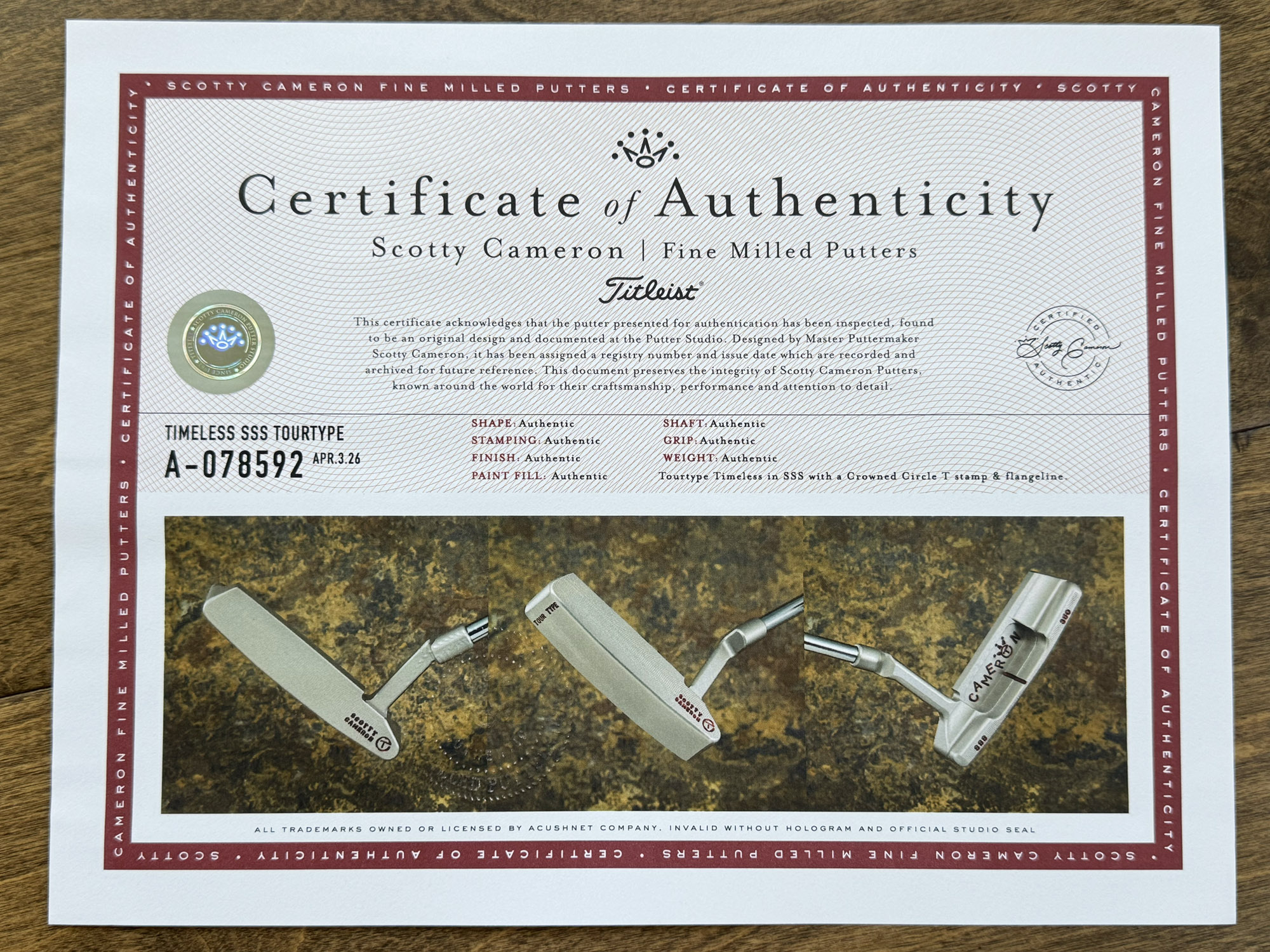 scotty cameron certificate of authenticity coa paperwork for circle t putter golf club