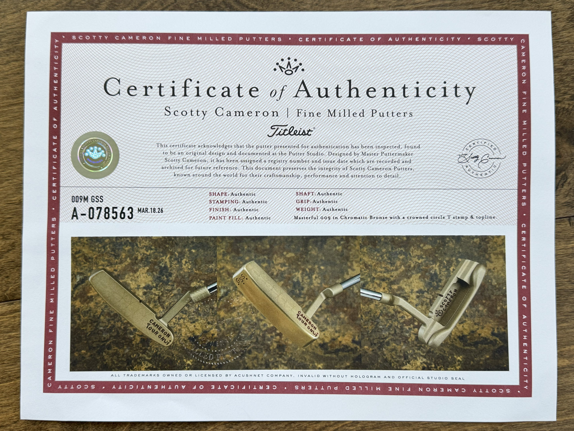 scotty cameron certificate of authenticity coa paperwork for circle t putter golf club