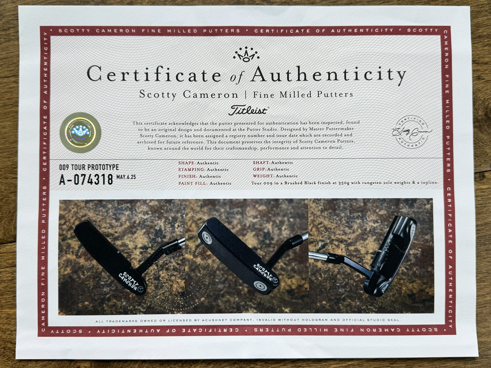 scotty cameron certificate of authenticity coa paperwork for circle t putter golf club