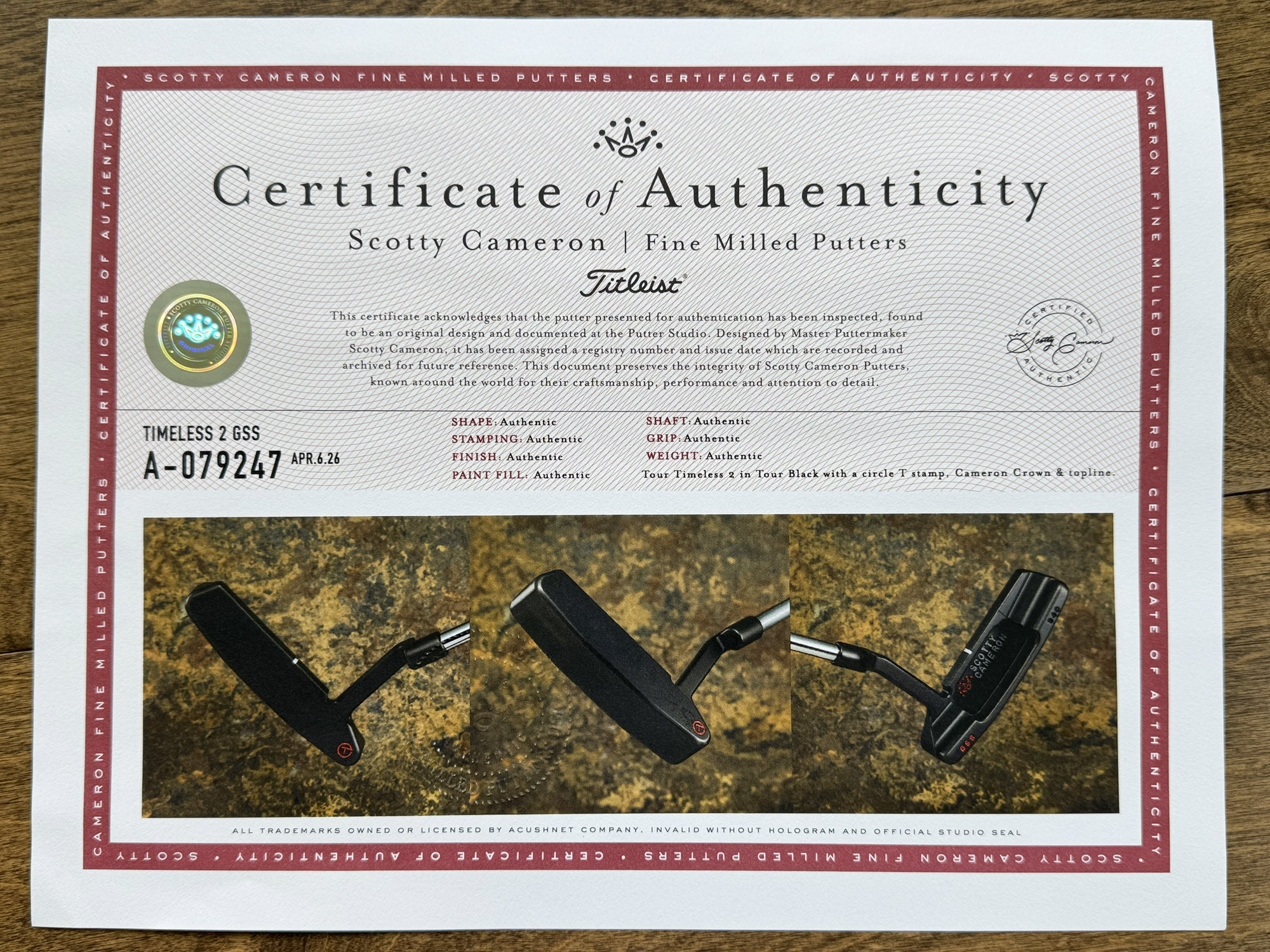 scotty cameron certificate of authenticity coa paperwork for circle t putter golf club