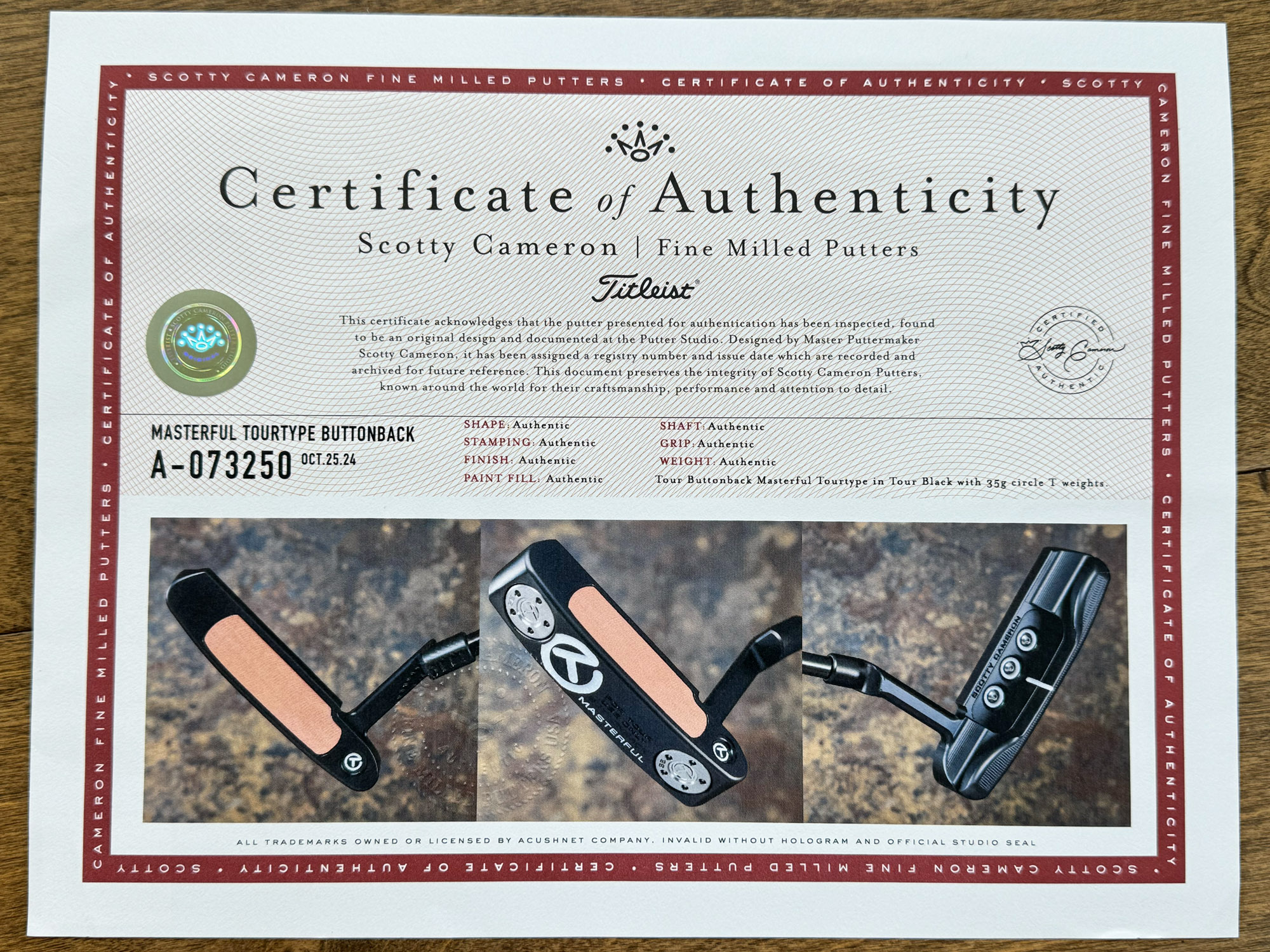 scotty cameron certificate of authenticity coa paperwork for circle t putter golf club